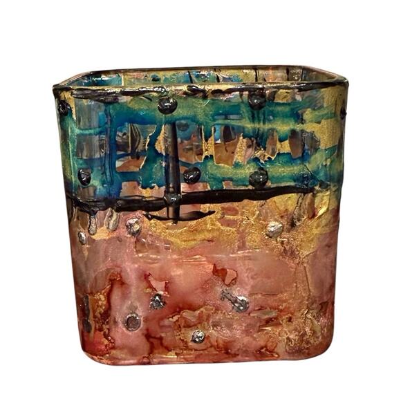 Abstract Hand Painted Gold Blue Pink Silver Glass Vase - Picture 2 of 4